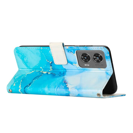 For Motorola Moto G35 5G Stand Case Marble Pattern PU Leather Wallet Phone Cover with Wrist Strap