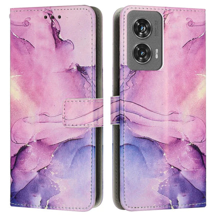 For Motorola Moto G35 5G Stand Case Marble Pattern PU Leather Wallet Phone Cover with Wrist Strap - Purple