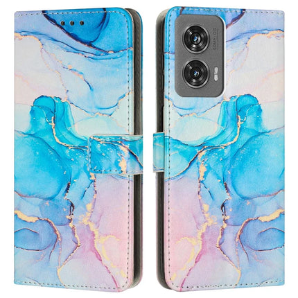 For Motorola Moto G35 5G Stand Case Marble Pattern PU Leather Wallet Phone Cover with Wrist Strap - Pink  /  Green