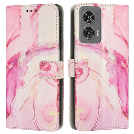For Motorola Moto G35 5G Stand Case Marble Pattern PU Leather Wallet Phone Cover with Wrist Strap - Rose Gold