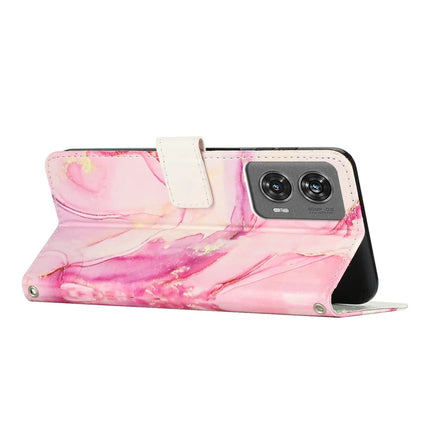 For Motorola Moto G35 5G Stand Case Marble Pattern PU Leather Wallet Phone Cover with Wrist Strap