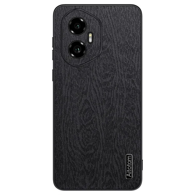For Honor 300 Case Wood Texture PU Leather Coated PC TPU Phone Cover - Black