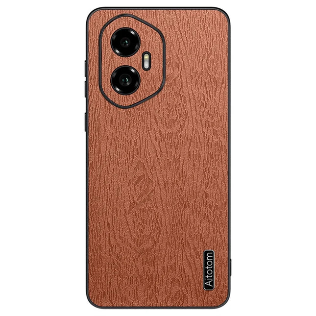 For Honor 300 Case Wood Texture PU Leather Coated PC TPU Phone Cover - Brown