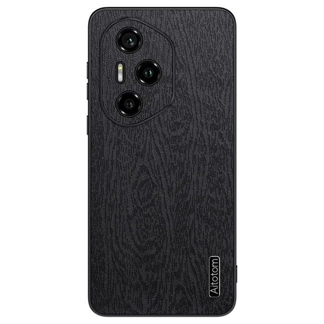 For Honor 300 Pro Case Wood Texture PU Leather Coated PC TPU Phone Cover - Black