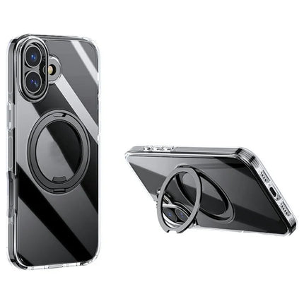 For iPhone 16 Case Compatible with MagSafe Gear Fulcrum Kickstand Electroplating Lens Frame PC + TPU Phone Cover - Black