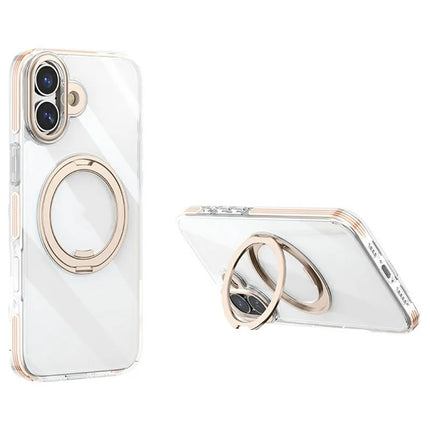 For iPhone 16 Plus Case Compatible with MagSafe Gear Fulcrum Kickstand Electroplating Lens Frame PC + TPU Phone Cover - Gold