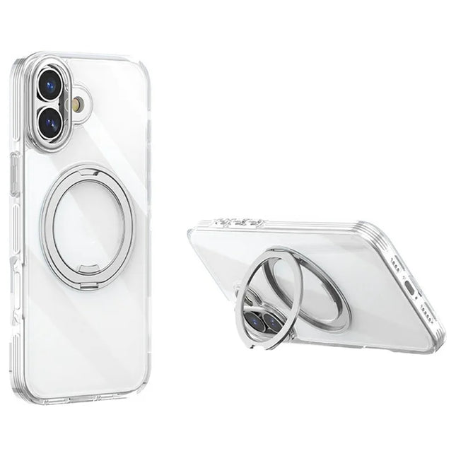 For iPhone 16 Plus Case Compatible with MagSafe Gear Fulcrum Kickstand Electroplating Lens Frame PC + TPU Phone Cover - Silver