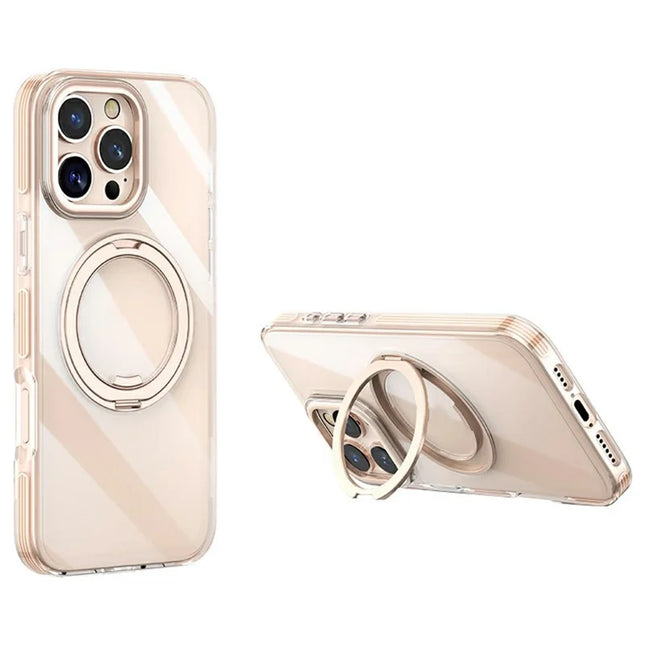 For iPhone 16 Pro Max Case Compatible with MagSafe Gear Fulcrum Kickstand Electroplating Lens Frame PC + TPU Phone Cover - Gold