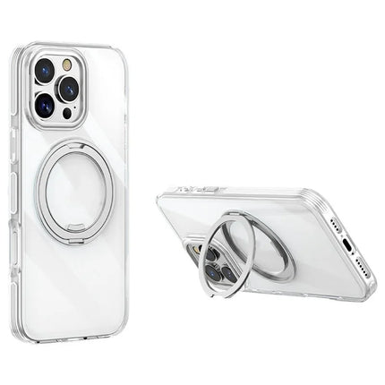 For iPhone 16 Pro Max Case Compatible with MagSafe Gear Fulcrum Kickstand Electroplating Lens Frame PC + TPU Phone Cover - Silver
