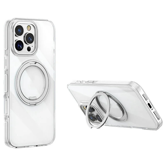 For iPhone 16 Pro Max Case Compatible with MagSafe Gear Fulcrum Kickstand Electroplating Lens Frame PC + TPU Phone Cover - Silver