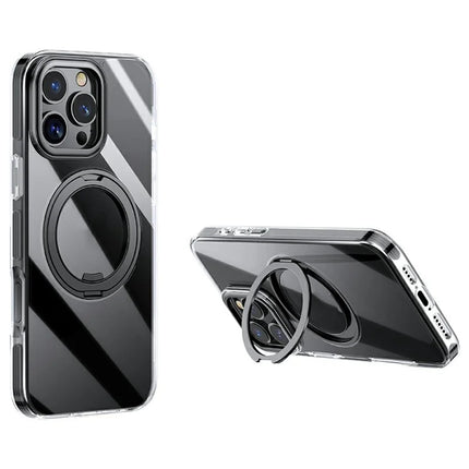 For iPhone 16 Pro Max Case Compatible with MagSafe Gear Fulcrum Kickstand Electroplating Lens Frame PC + TPU Phone Cover - Black