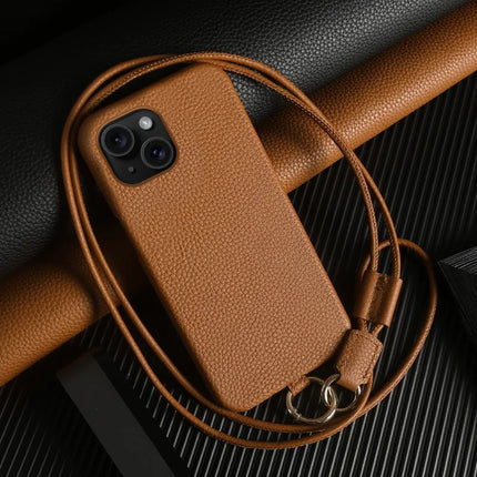 For iPhone 13 Case with Lanyard Genuine Cow Leather PC Phone Back Cover - Brown