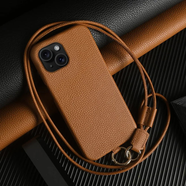 For iPhone 13 Case with Lanyard Genuine Cow Leather PC Phone Back Cover - Brown