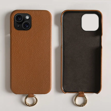For iPhone 13 Case with Lanyard Genuine Cow Leather PC Phone Back Cover