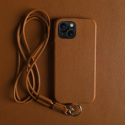 For iPhone 13 Case with Lanyard Genuine Cow Leather PC Phone Back Cover