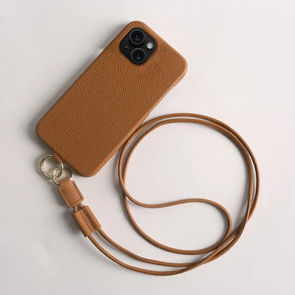 For iPhone 13 Case with Lanyard Genuine Cow Leather PC Phone Back Cover