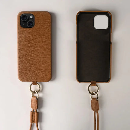 For iPhone 13 Case with Lanyard Genuine Cow Leather PC Phone Back Cover