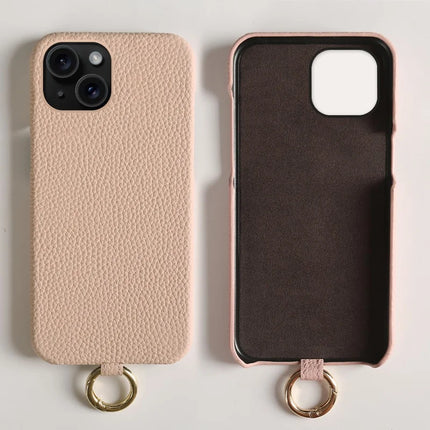 For iPhone 13 Case with Lanyard Genuine Cow Leather PC Phone Back Cover