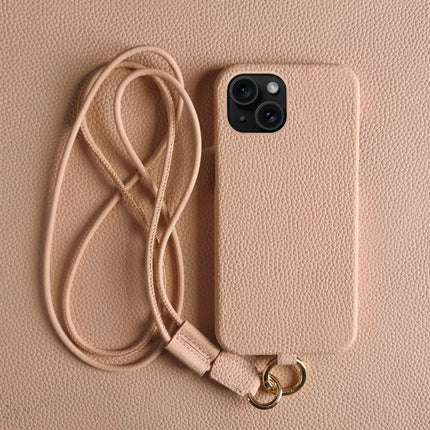 For iPhone 13 Case with Lanyard Genuine Cow Leather PC Phone Back Cover