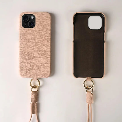 For iPhone 13 Case with Lanyard Genuine Cow Leather PC Phone Back Cover