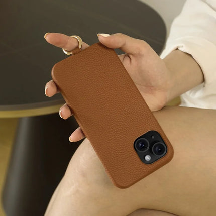 For iPhone 13 Case with Lanyard Genuine Cow Leather PC Phone Back Cover