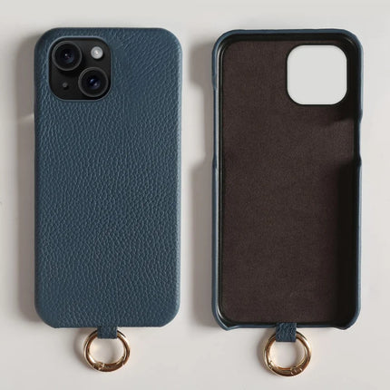 For iPhone 13 Case with Lanyard Genuine Cow Leather PC Phone Back Cover