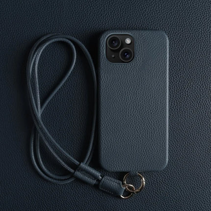 For iPhone 13 Case with Lanyard Genuine Cow Leather PC Phone Back Cover