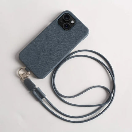 For iPhone 13 Case with Lanyard Genuine Cow Leather PC Phone Back Cover