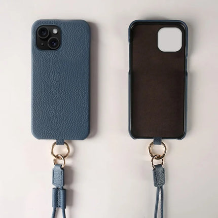 For iPhone 13 Case with Lanyard Genuine Cow Leather PC Phone Back Cover