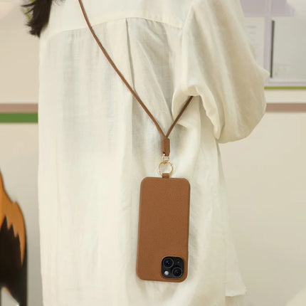For iPhone 13 Case with Lanyard Genuine Cow Leather PC Phone Back Cover
