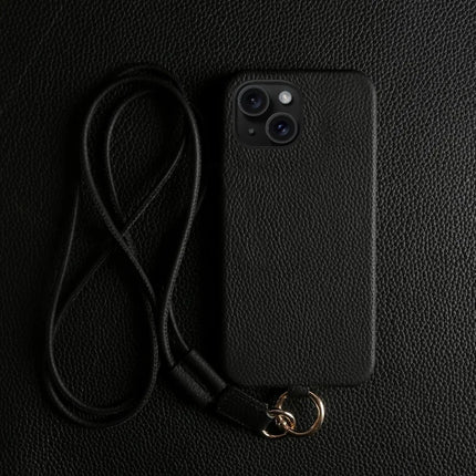 For iPhone 13 Case with Lanyard Genuine Cow Leather PC Phone Back Cover