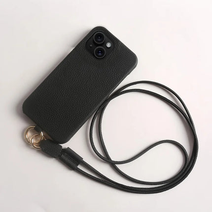For iPhone 13 Case with Lanyard Genuine Cow Leather PC Phone Back Cover