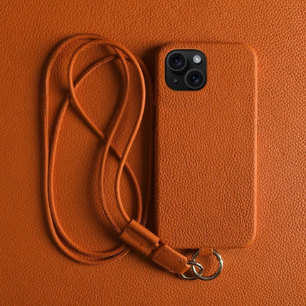 For iPhone 13 Case with Lanyard Genuine Cow Leather PC Phone Back Cover
