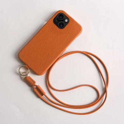 For iPhone 13 Case with Lanyard Genuine Cow Leather PC Phone Back Cover