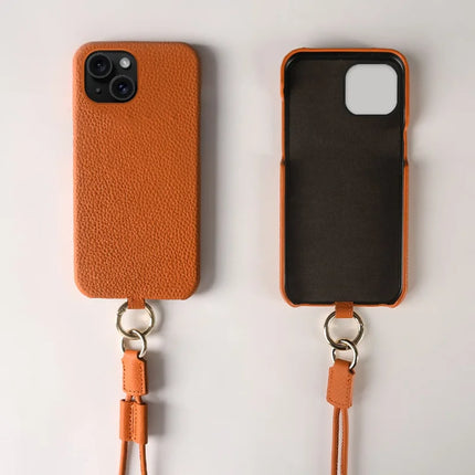 For iPhone 13 Case with Lanyard Genuine Cow Leather PC Phone Back Cover