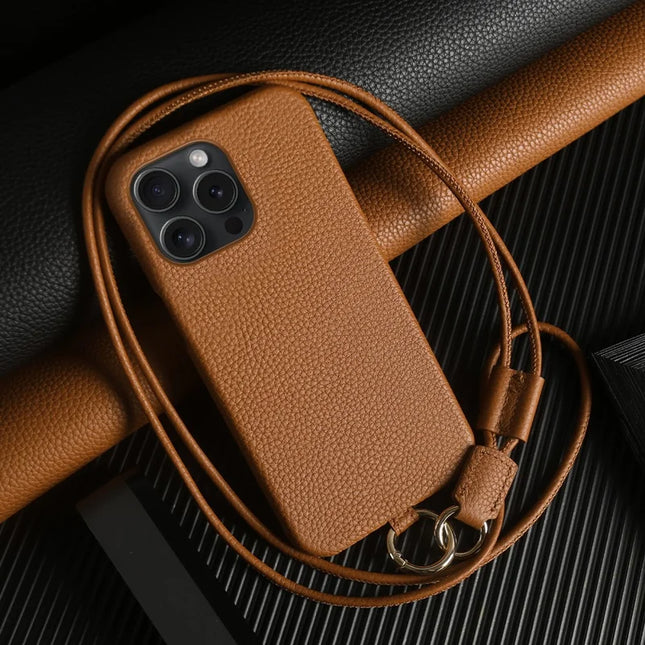 For iPhone 15 Pro Case with Lanyard Genuine Cow Leather PC Phone Back Cover - Brown