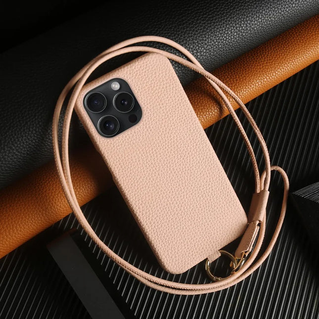 For iPhone 15 Pro Case with Lanyard Genuine Cow Leather PC Phone Back Cover - Pink