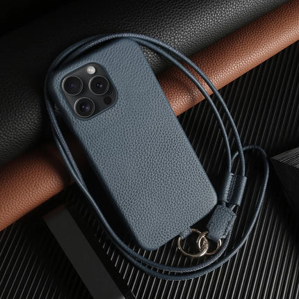 For iPhone 15 Pro Case with Lanyard Genuine Cow Leather PC Phone Back Cover - Blue