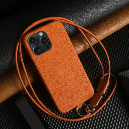 For iPhone 15 Pro Case with Lanyard Genuine Cow Leather PC Phone Back Cover - Orange