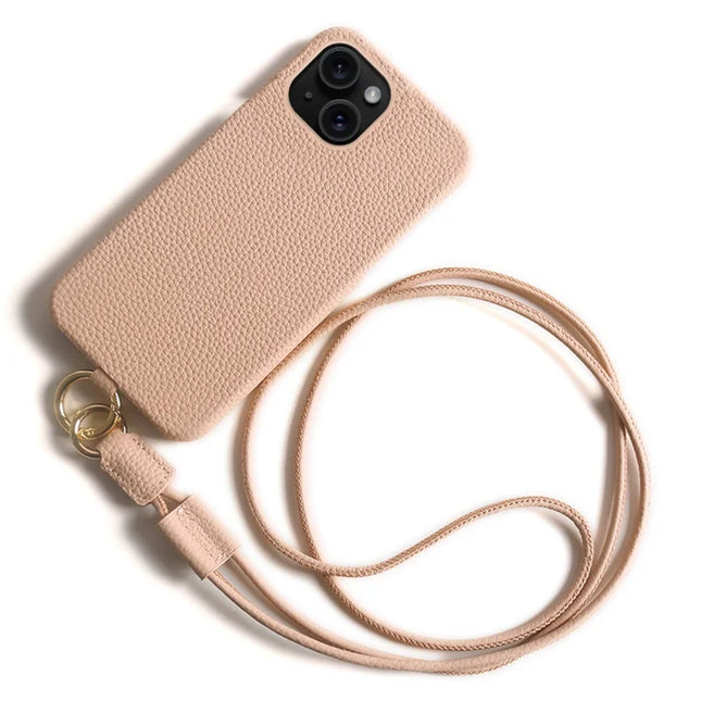 For iPhone 14 Case with Lanyard Genuine Cow Leather PC Phone Back Cover - Pink