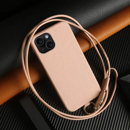 For iPhone 14 Case with Lanyard Genuine Cow Leather PC Phone Back Cover