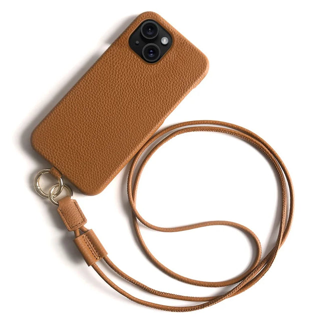 For iPhone 14 Case with Lanyard Genuine Cow Leather PC Phone Back Cover - Brown