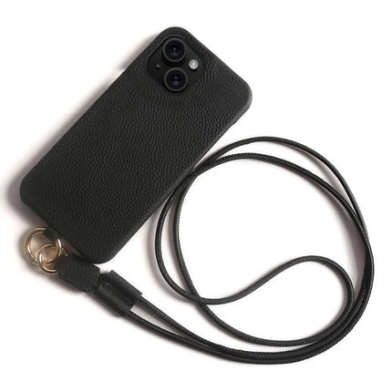 For iPhone 14 Case with Lanyard Genuine Cow Leather PC Phone Back Cover - Black
