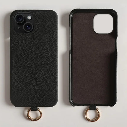 For iPhone 14 Case with Lanyard Genuine Cow Leather PC Phone Back Cover