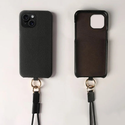 For iPhone 14 Case with Lanyard Genuine Cow Leather PC Phone Back Cover