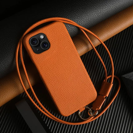 For iPhone 14 Case with Lanyard Genuine Cow Leather PC Phone Back Cover