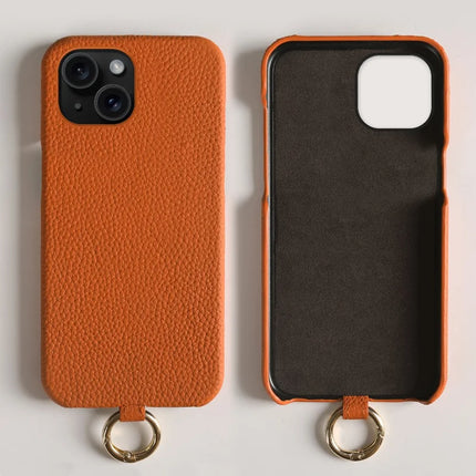 For iPhone 14 Case with Lanyard Genuine Cow Leather PC Phone Back Cover