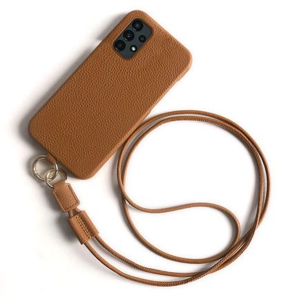 For Samsung Galaxy A13 4G Case with Lanyard Genuine Cow Leather PC Phone Back Cover - Brown