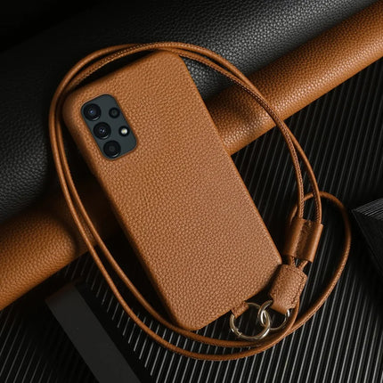 For Samsung Galaxy A13 4G Case with Lanyard Genuine Cow Leather PC Phone Back Cover