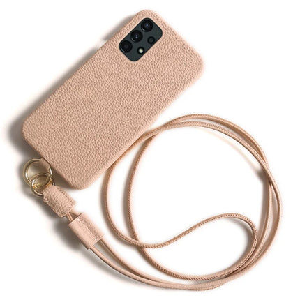 For Samsung Galaxy A13 4G Case with Lanyard Genuine Cow Leather PC Phone Back Cover - Pink